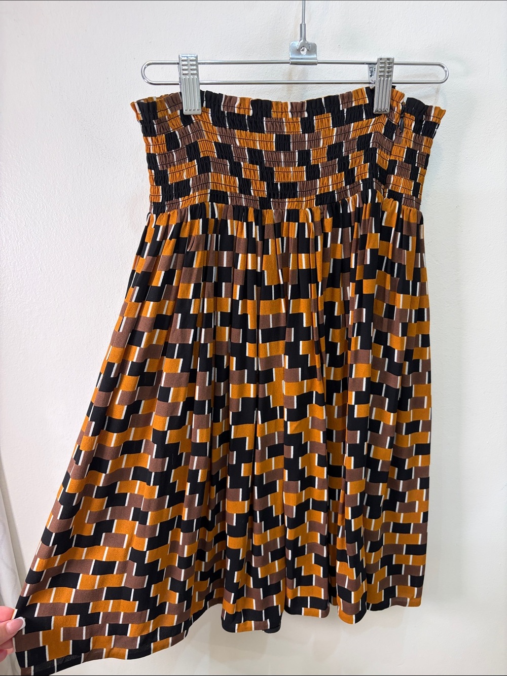 Prada Geometric A-Line Midi Skirt in Black, Brown & Mustard